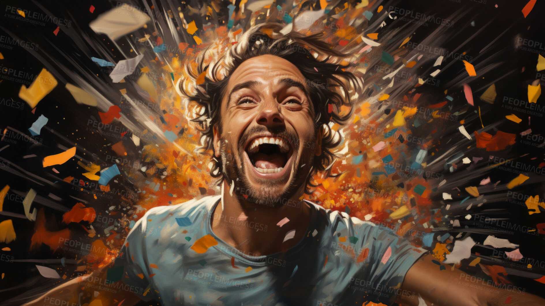 Buy stock photo Excited man, shouts, surrounded by colorful burst. Energetic, lively and joyful individual expressing happiness, with vibrant colors symbolizing enthusiasm and vivid energy.