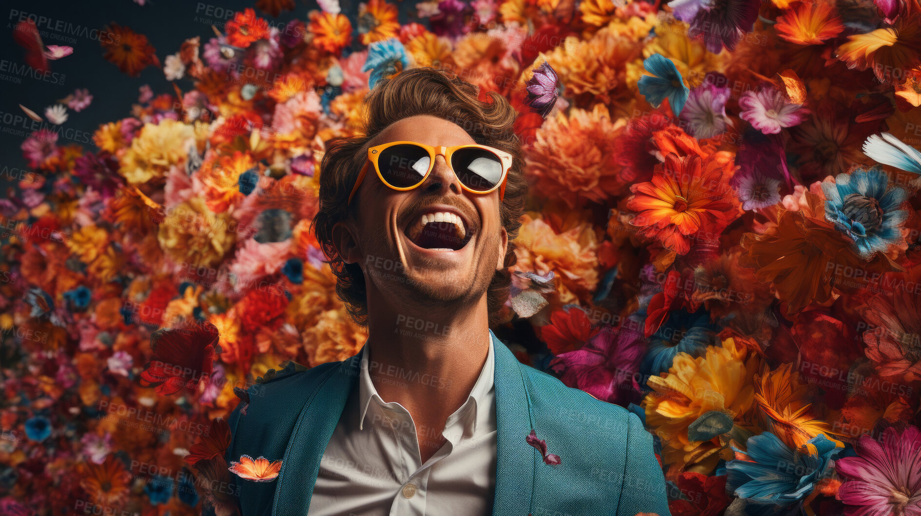 Buy stock photo Excited man, shouts, surrounded by colorful burst. Energetic, lively and joyful individual expressing happiness, with vibrant colors symbolizing enthusiasm and vivid energy.