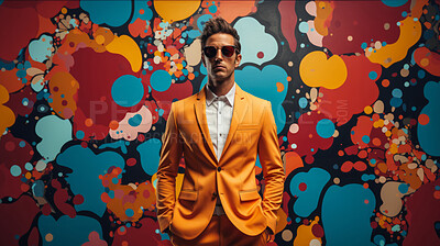 Man in suit, sunglasses, surrounded by colorful background shapes and confetti. Dapper, confident and festive individual exuding style, vibrancy and celebration in a dynamic visual display.