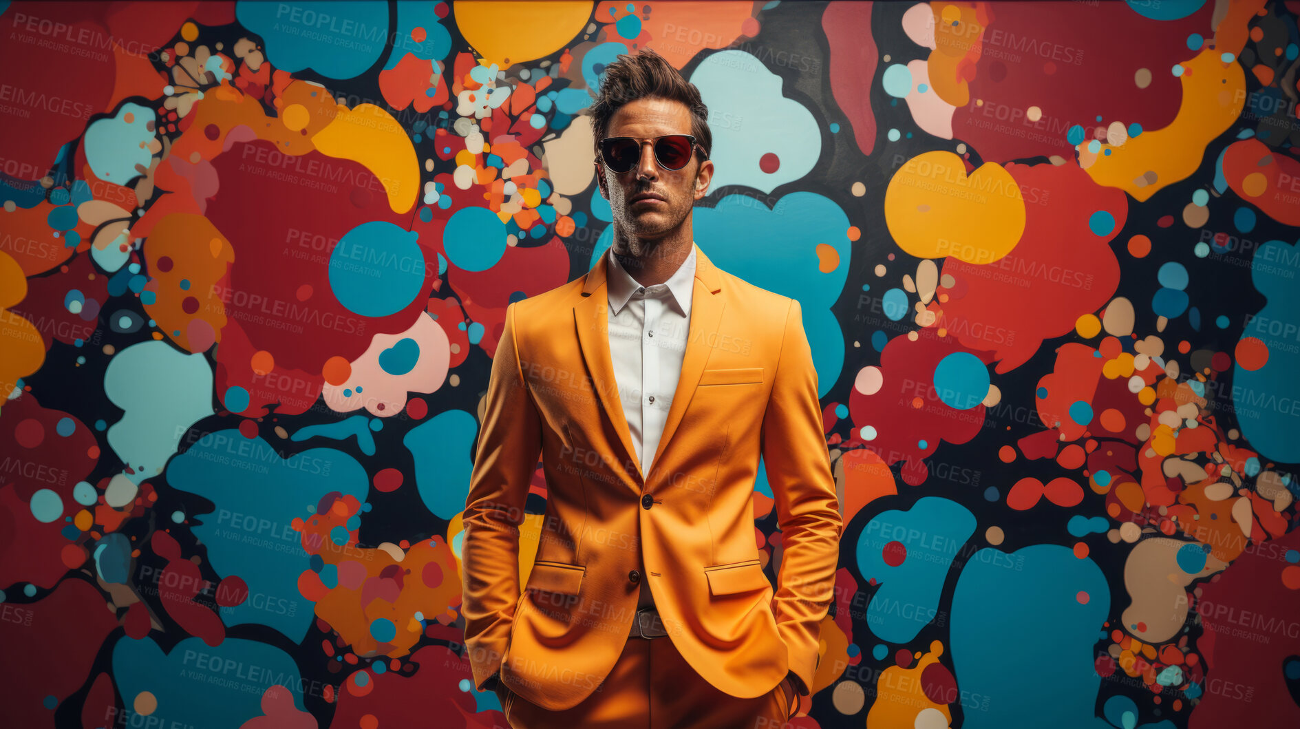 Buy stock photo Man in suit, sunglasses, surrounded by colorful background shapes and confetti. Dapper, confident and festive individual exuding style, vibrancy and celebration in a dynamic visual display.