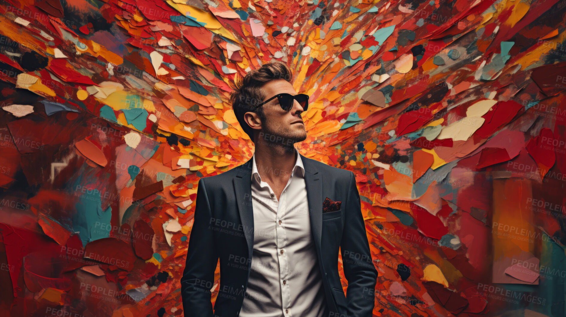 Buy stock photo Man in suit, sunglasses, surrounded by colorful background shapes and confetti. Dapper, confident and festive individual exuding style, vibrancy and celebration in a dynamic visual display.