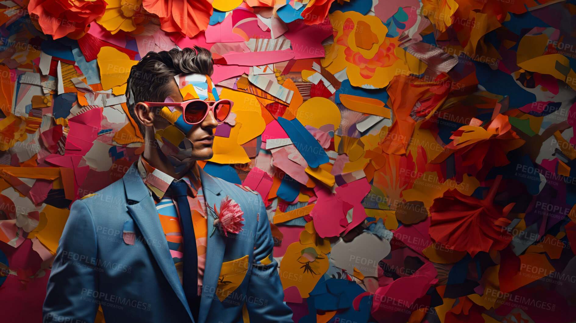 Buy stock photo Man in suit, sunglasses, surrounded by colorful background shapes and confetti. Dapper, confident and festive individual exuding style, vibrancy and celebration in a dynamic visual display.