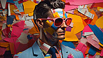 Man in suit, sunglasses, surrounded by colorful background shapes and confetti. Dapper, confident and festive individual exuding style, vibrancy and celebration in a dynamic visual display.