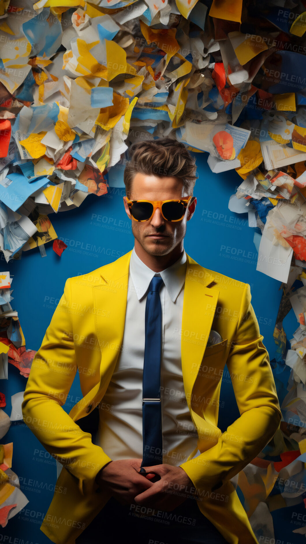 Buy stock photo Man in suit, sunglasses, surrounded by colorful background shapes and confetti. Dapper, confident and festive individual exuding style, vibrancy and celebration in a dynamic visual display.