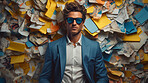 Man in suit, sunglasses, surrounded by colorful background shapes and confetti. Dapper, confident and festive individual exuding style, vibrancy and celebration in a dynamic visual display.