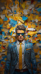 Man in suit, sunglasses, surrounded by colorful background shapes and confetti. Dapper, confident and festive individual exuding style, vibrancy and celebration in a dynamic visual display.