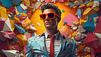 Man in suit, sunglasses, surrounded by colorful background shapes and confetti. Dapper, confident and festive individual exuding style, vibrancy and celebration in a dynamic visual display.