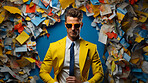 Man in suit, sunglasses, surrounded by colorful background shapes and confetti. Dapper, confident and festive individual exuding style, vibrancy and celebration in a dynamic visual display.