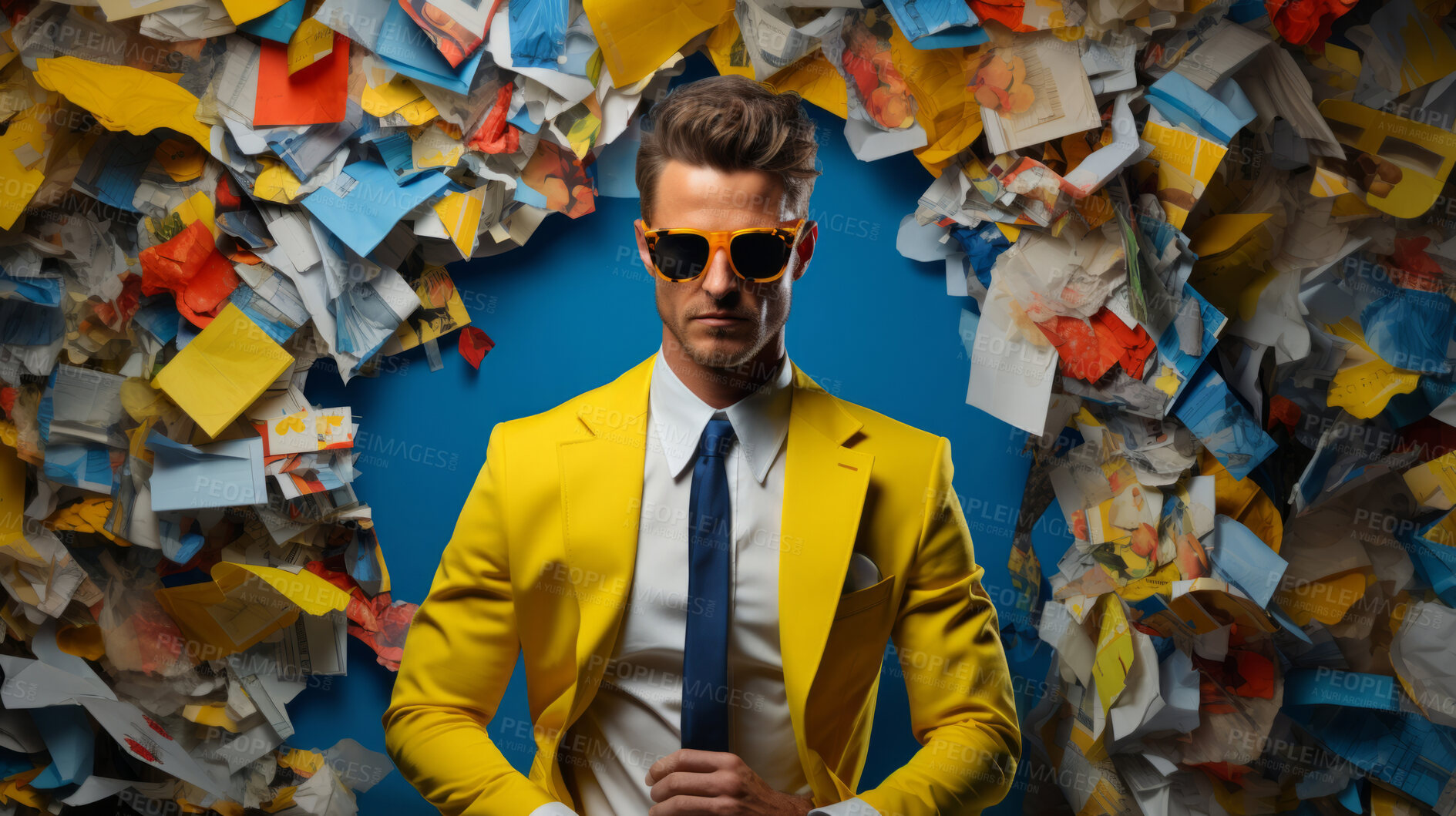 Buy stock photo Man in suit, sunglasses, surrounded by colorful background shapes and confetti. Dapper, confident and festive individual exuding style, vibrancy and celebration in a dynamic visual display.