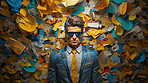 Man in suit, sunglasses, surrounded by colorful background shapes and confetti. Dapper, confident and festive individual exuding style, vibrancy and celebration in a dynamic visual display.