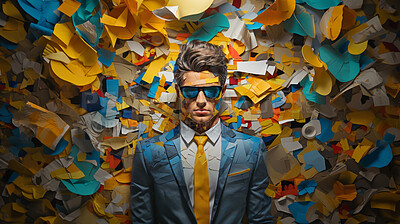 Man in suit, sunglasses, surrounded by colorful background shapes and confetti. Dapper, confident and festive individual exuding style, vibrancy and celebration in a dynamic visual display.