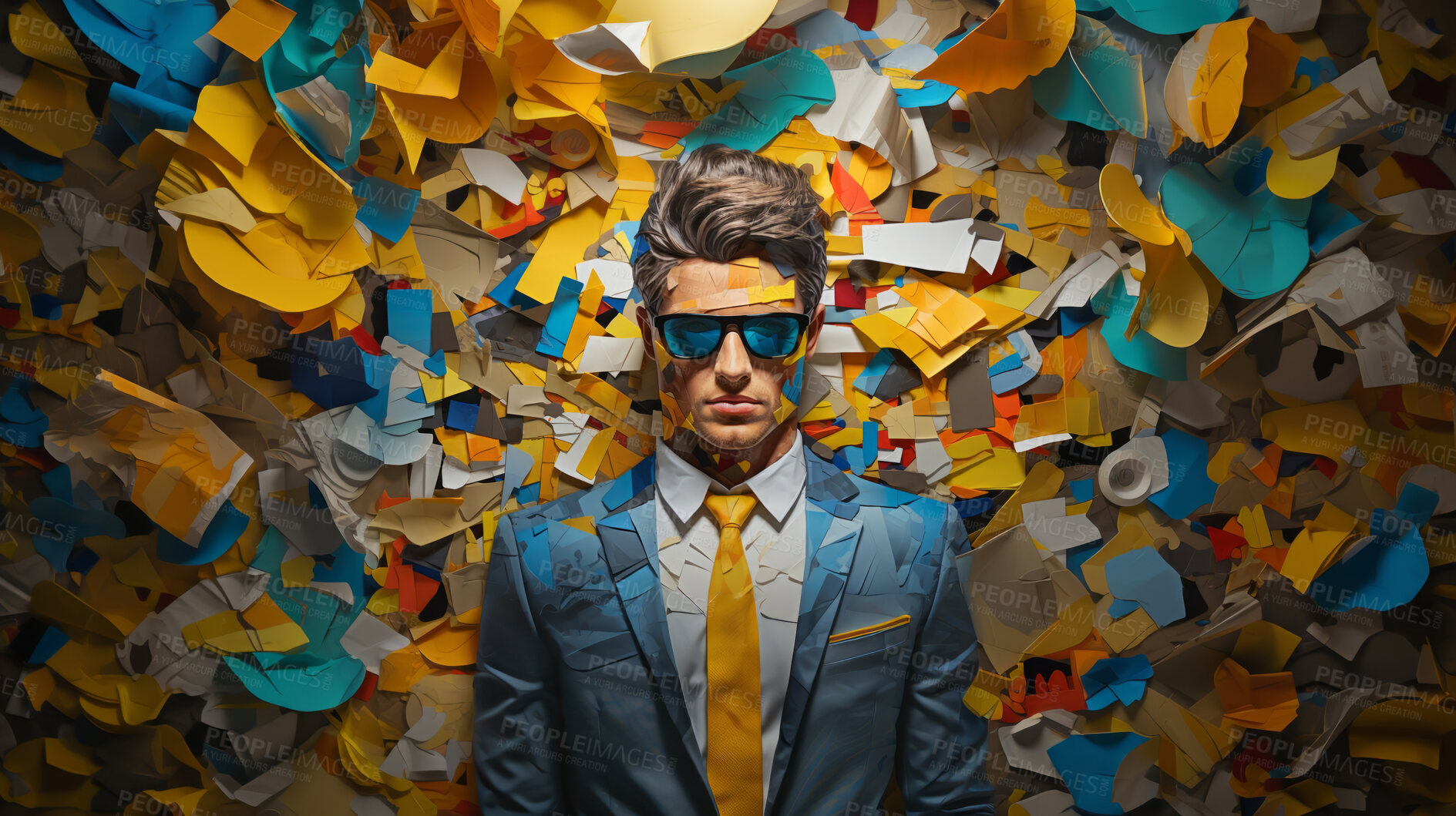 Buy stock photo Man in suit, sunglasses, surrounded by colorful background shapes and confetti. Dapper, confident and festive individual exuding style, vibrancy and celebration in a dynamic visual display.