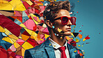 Man in suit, sunglasses, surrounded by colorful background shapes and confetti. Dapper, confident and festive individual exuding style, vibrancy and celebration in a dynamic visual display.