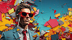 Man in suit, sunglasses, surrounded by colorful background shapes and confetti. Dapper, confident and festive individual exuding style, vibrancy and celebration in a dynamic visual display.