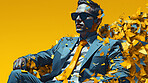 Man in suit, sunglasses, surrounded by colorful background shapes and confetti. Dapper, confident and festive individual exuding style, vibrancy and celebration in a dynamic visual display.