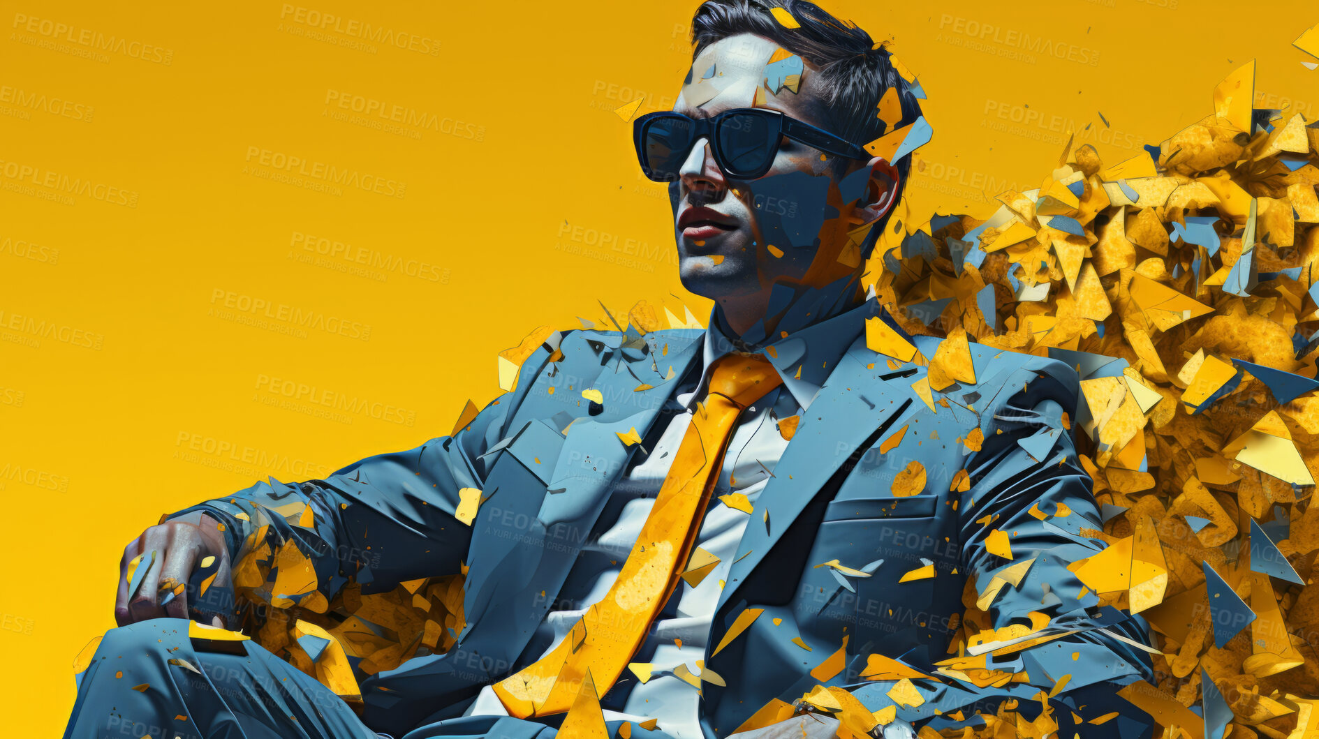 Buy stock photo Man in suit, sunglasses, surrounded by colorful background shapes and confetti. Dapper, confident and festive individual exuding style, vibrancy and celebration in a dynamic visual display.