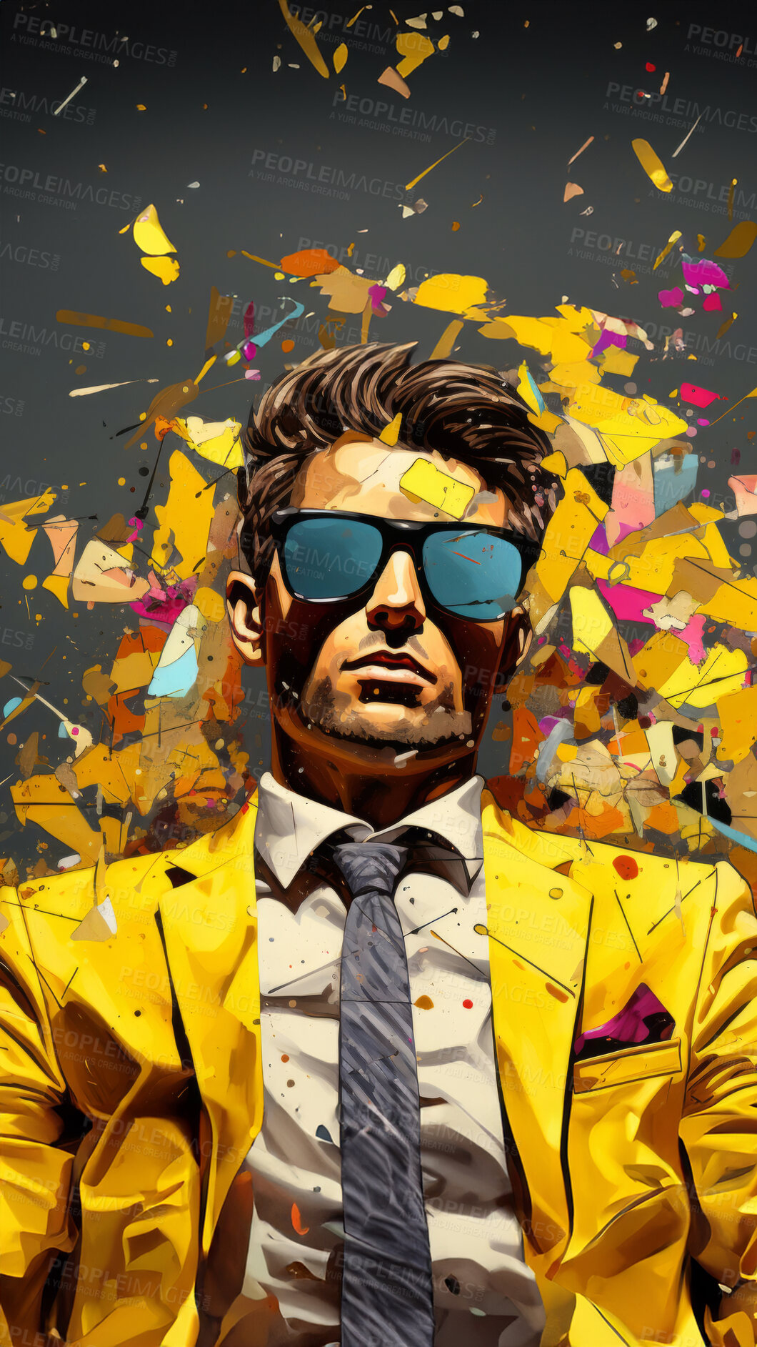 Buy stock photo Man in suit, sunglasses, surrounded by colorful background shapes and confetti. Dapper, confident and festive individual exuding style, vibrancy and celebration in a dynamic visual display.