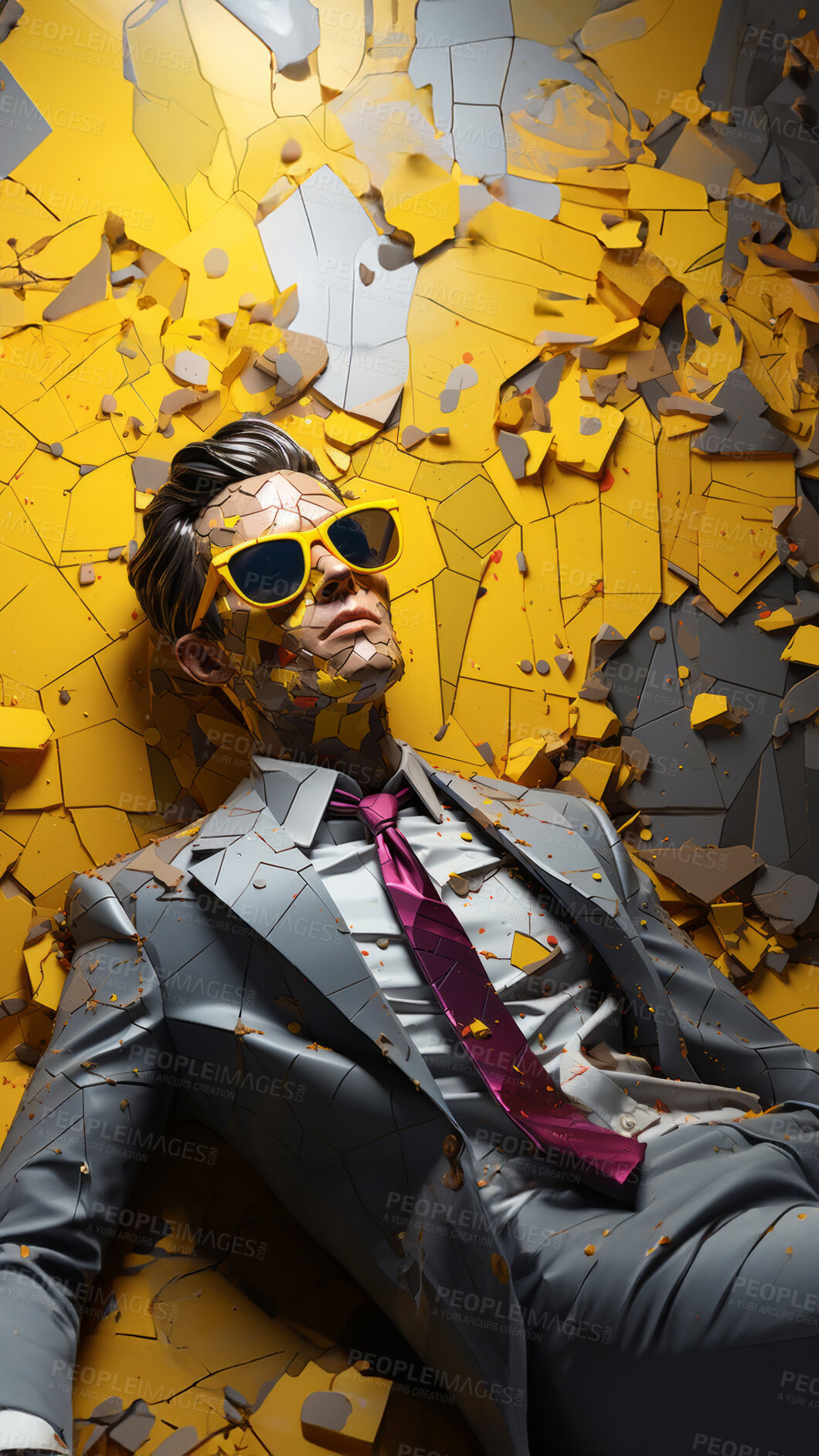 Buy stock photo Man in suit, sunglasses, surrounded by colorful background shapes and confetti. Dapper, confident and festive individual exuding style, vibrancy and celebration in a dynamic visual display.