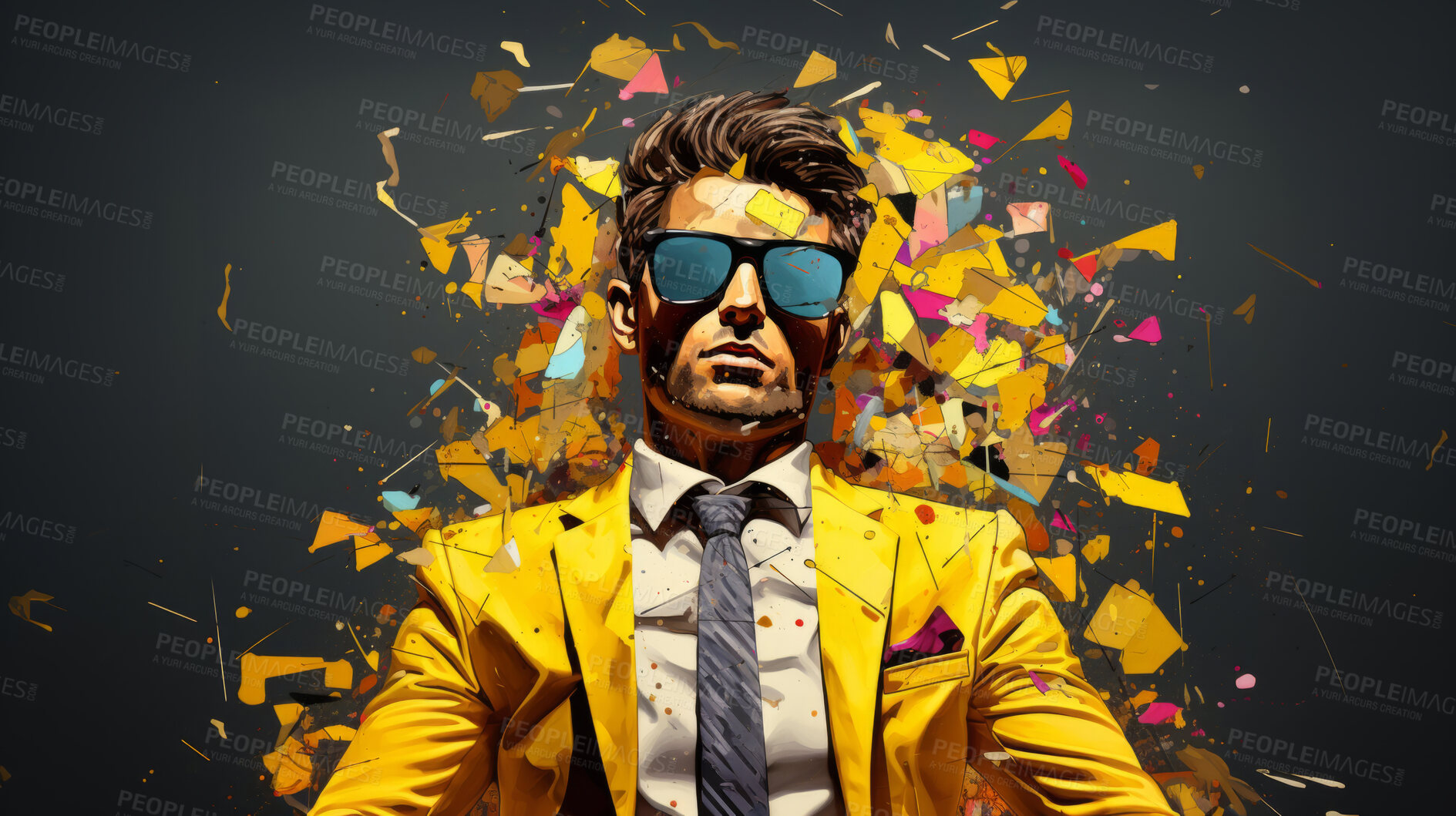 Buy stock photo Man in suit, sunglasses, surrounded by colorful background shapes and confetti. Dapper, confident and festive individual exuding style, vibrancy and celebration in a dynamic visual display.