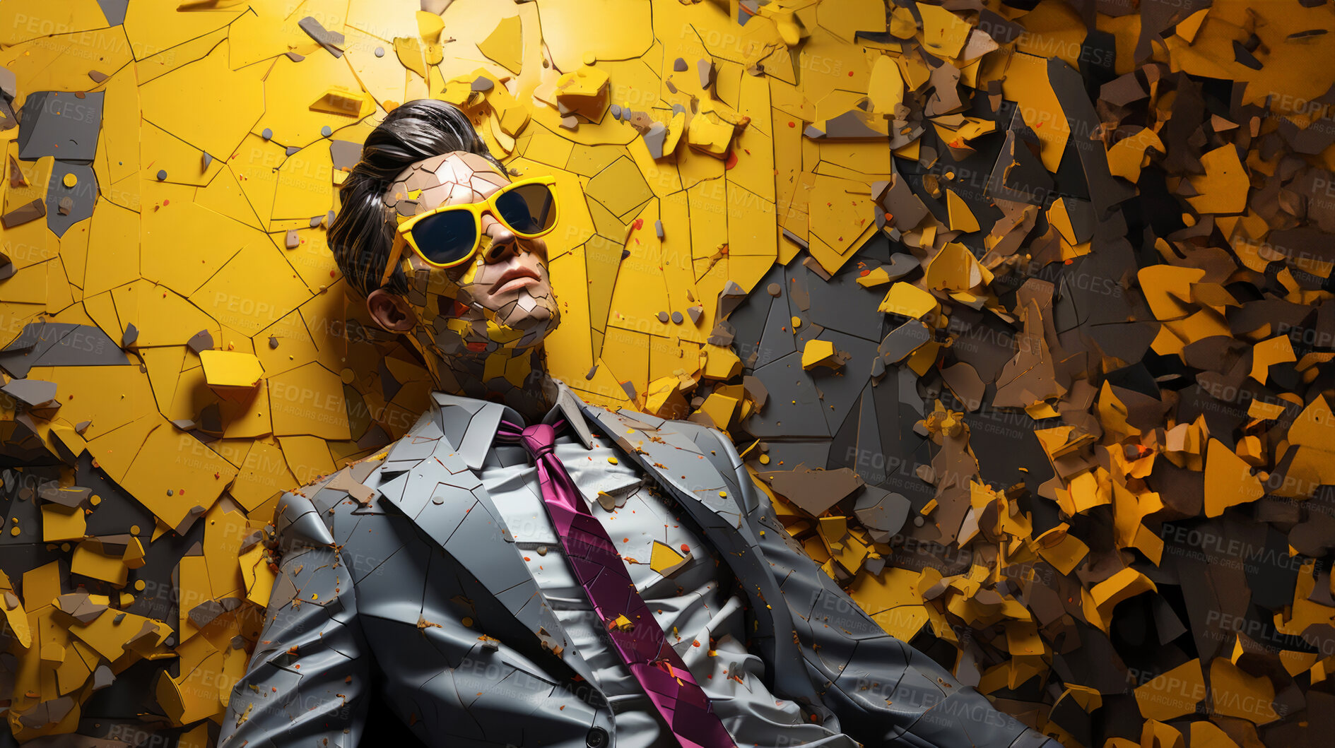 Buy stock photo Man in suit, sunglasses, surrounded by colorful background shapes and confetti. Dapper, confident and festive individual exuding style, vibrancy and celebration in a dynamic visual display.