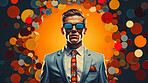 Man in suit, sunglasses, surrounded by colorful background shapes and confetti. Dapper, confident and festive individual exuding style, vibrancy and celebration in a dynamic visual display.