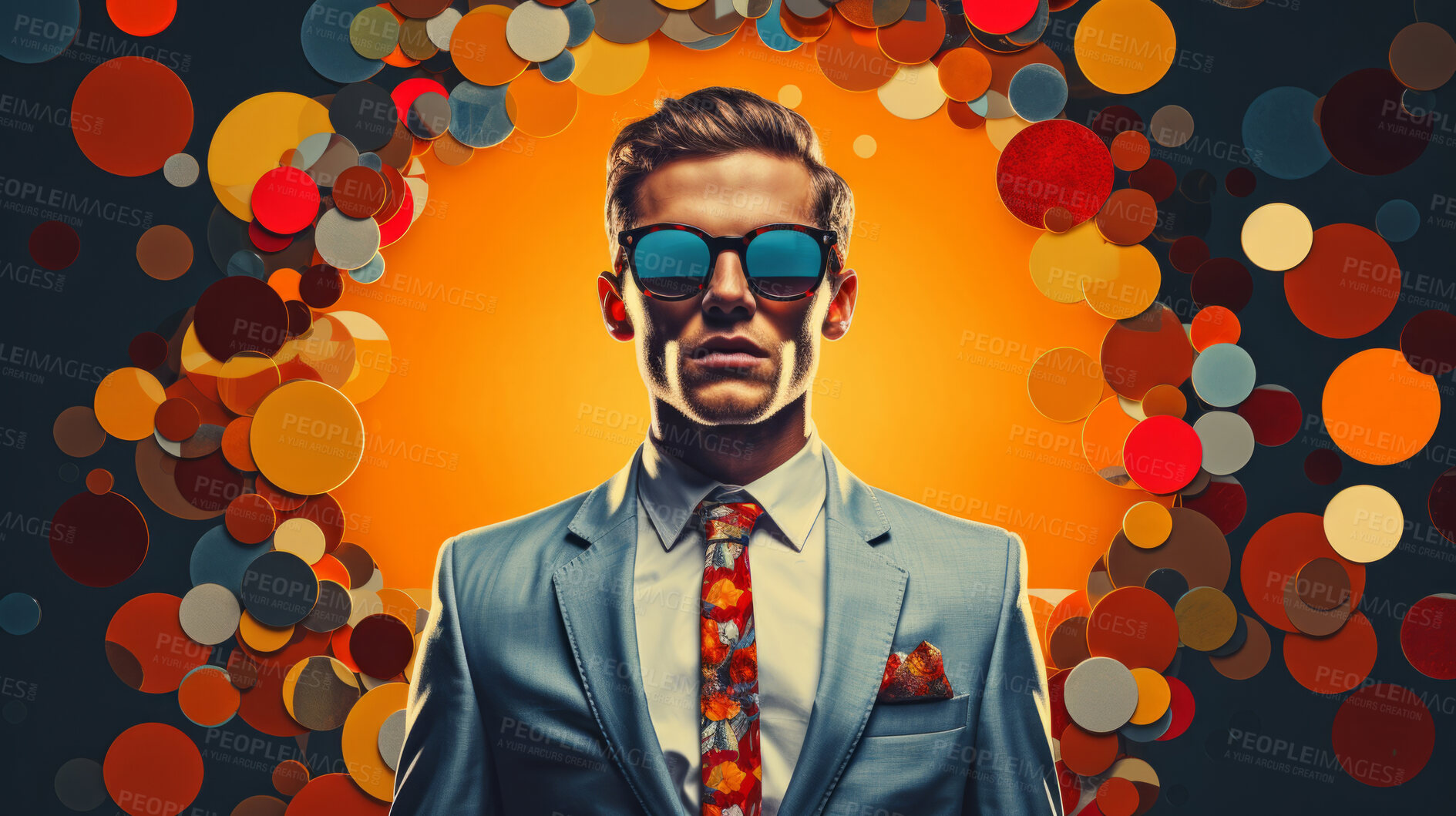 Buy stock photo Man in suit, sunglasses, surrounded by colorful background shapes and confetti. Dapper, confident and festive individual exuding style, vibrancy and celebration in a dynamic visual display.