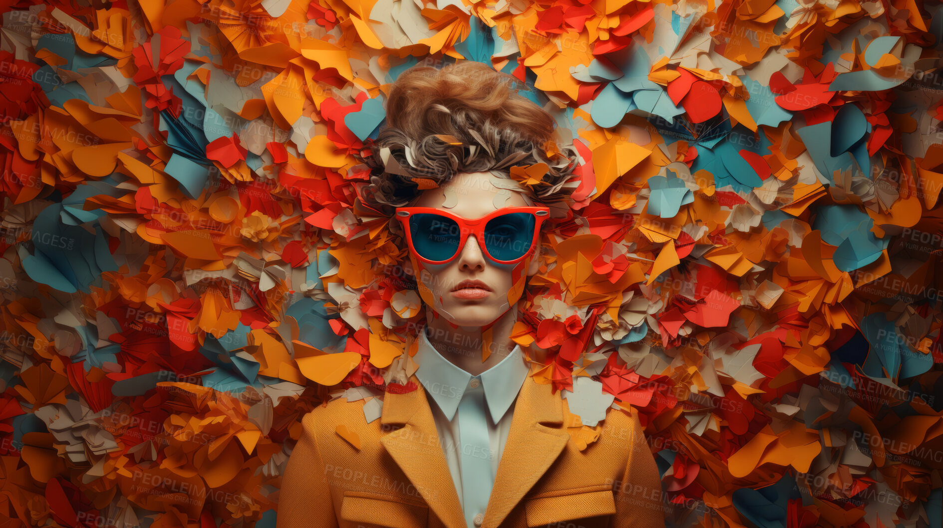 Buy stock photo Man in suit, sunglasses, surrounded by colorful background shapes and confetti. Dapper, confident and festive individual exuding style, vibrancy and celebration in a dynamic visual display.