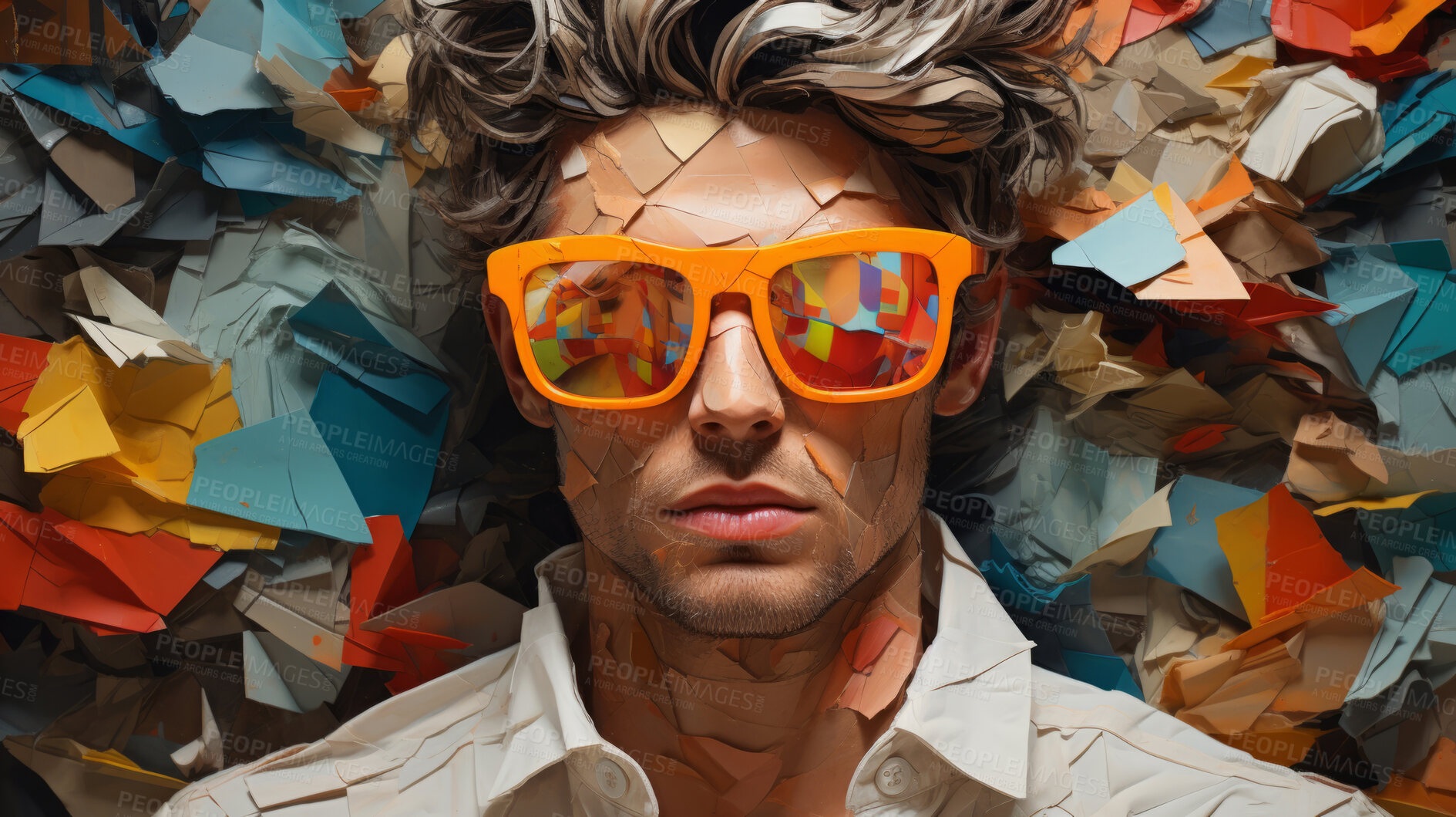 Buy stock photo Man in suit, sunglasses, surrounded by colorful background shapes and confetti. Dapper, confident and festive individual exuding style, vibrancy and celebration in a dynamic visual display.