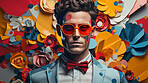 Man in suit, sunglasses, surrounded by colorful background shapes and confetti. Dapper, confident and festive individual exuding style, vibrancy and celebration in a dynamic visual display.