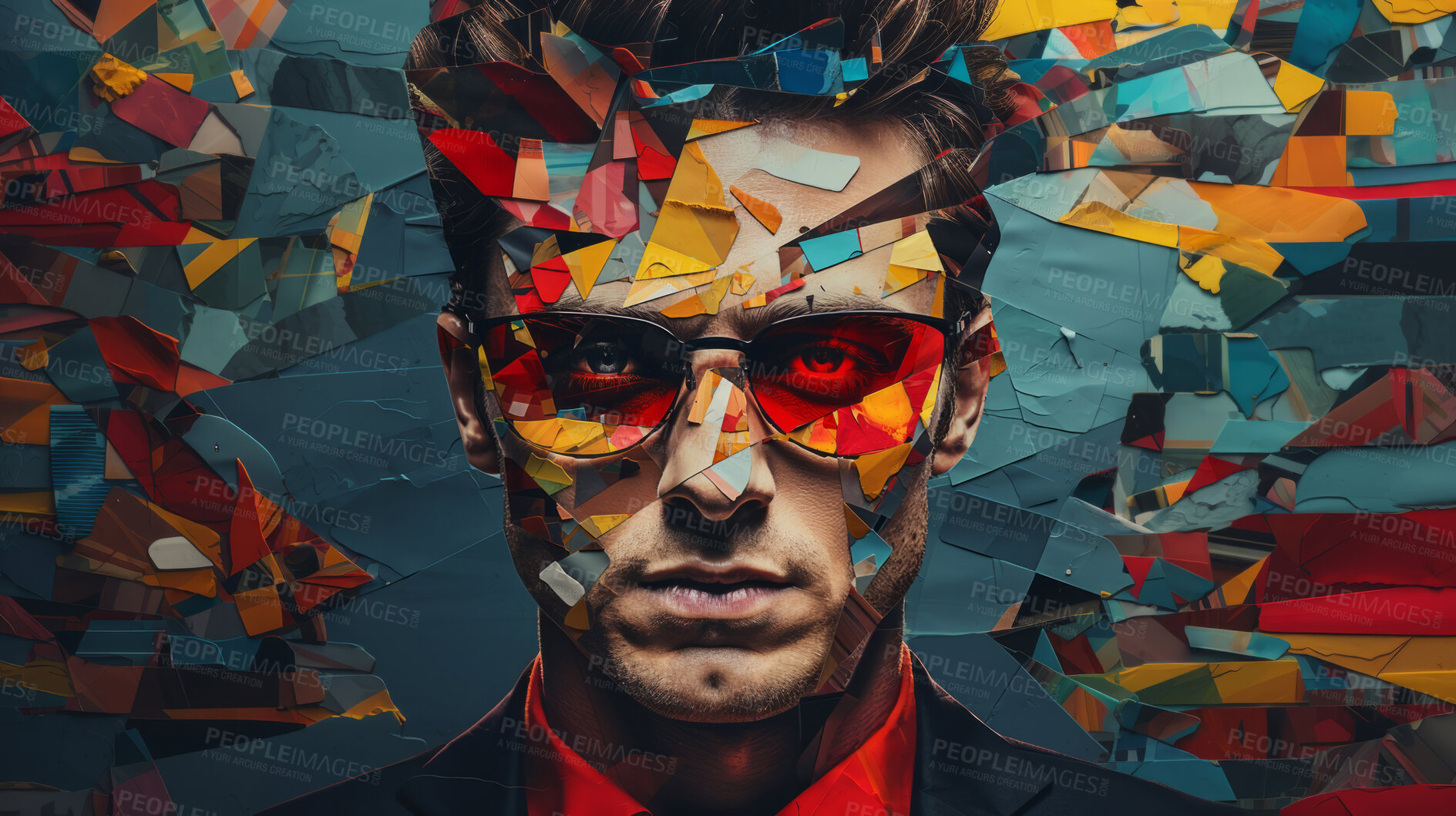 Buy stock photo Man in suit, sunglasses, surrounded by colorful background shapes and confetti. Dapper, confident and festive individual exuding style, vibrancy and celebration in a dynamic visual display.