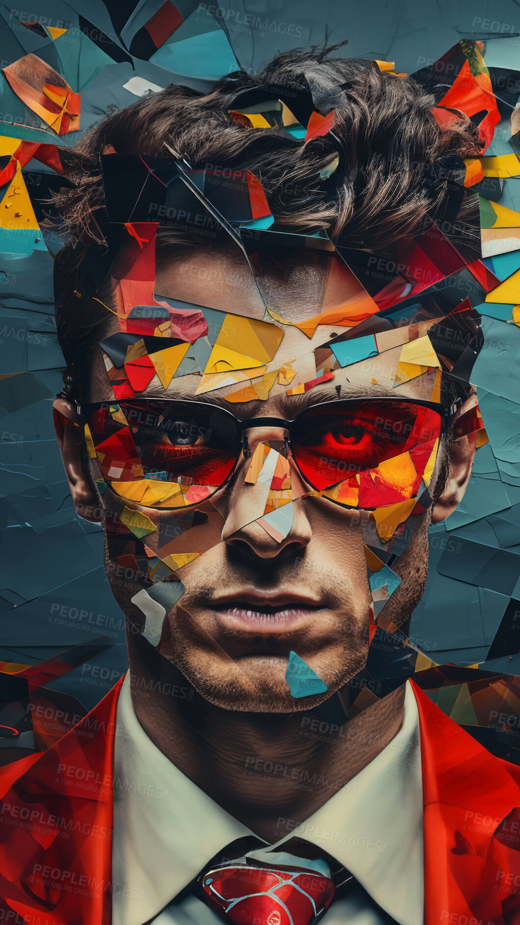 Buy stock photo Man in suit, sunglasses, surrounded by colorful background shapes and confetti. Dapper, confident and festive individual exuding style, vibrancy and celebration in a dynamic visual display.