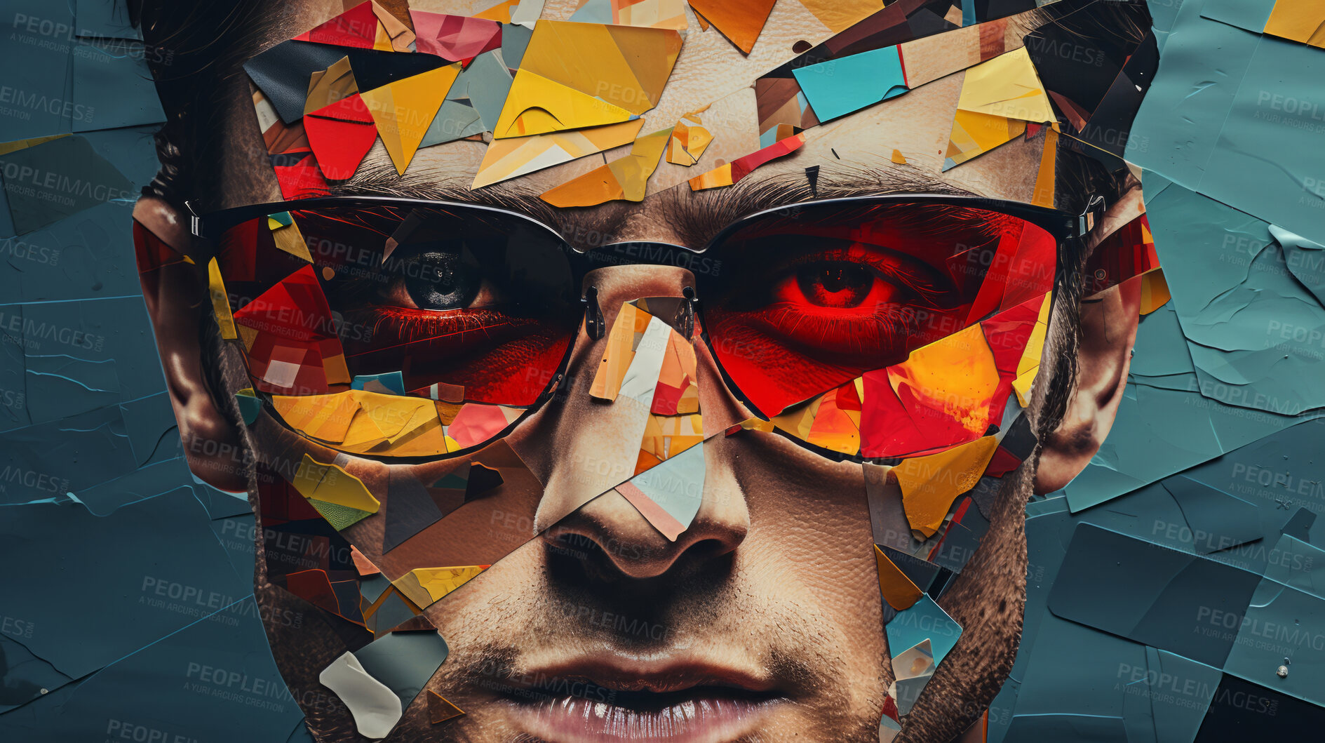 Buy stock photo Man in suit, sunglasses, surrounded by colorful background shapes and confetti. Dapper, confident and festive individual exuding style, vibrancy and celebration in a dynamic visual display.