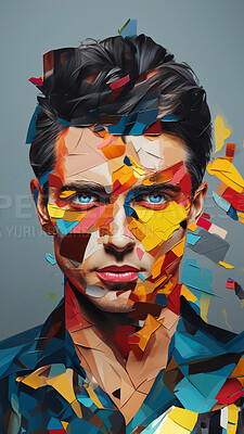 Man in suit, blue eyes, surrounded by colorful background shapes and confetti. Dapper, confident and festive individual exuding style, vibrancy and celebration in a dynamic visual display.