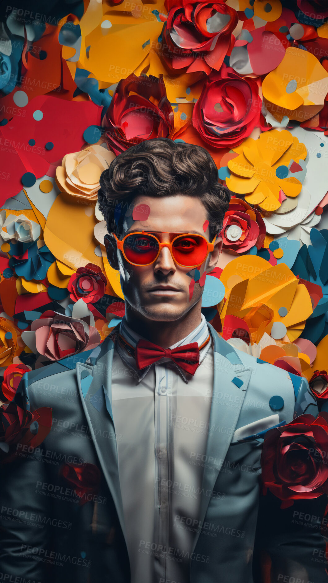 Buy stock photo Man in suit, sunglasses, surrounded by colorful background shapes and confetti. Dapper, confident and festive individual exuding style, vibrancy and celebration in a dynamic visual display.