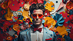 Man in suit, sunglasses, surrounded by colorful background shapes and confetti. Dapper, confident and festive individual exuding style, vibrancy and celebration in a dynamic visual display.