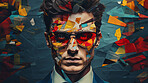 Man in suit, sunglasses, surrounded by colorful background shapes and confetti. Dapper, confident and festive individual exuding style, vibrancy and celebration in a dynamic visual display.