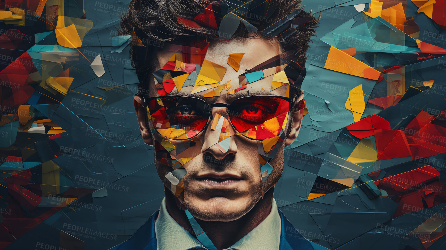 Buy stock photo Man in suit, sunglasses, surrounded by colorful background shapes and confetti. Dapper, confident and festive individual exuding style, vibrancy and celebration in a dynamic visual display.