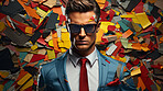 Man in suit, sunglasses, surrounded by colorful background shapes and confetti. Dapper, confident and festive individual exuding style, vibrancy and celebration in a dynamic visual display.