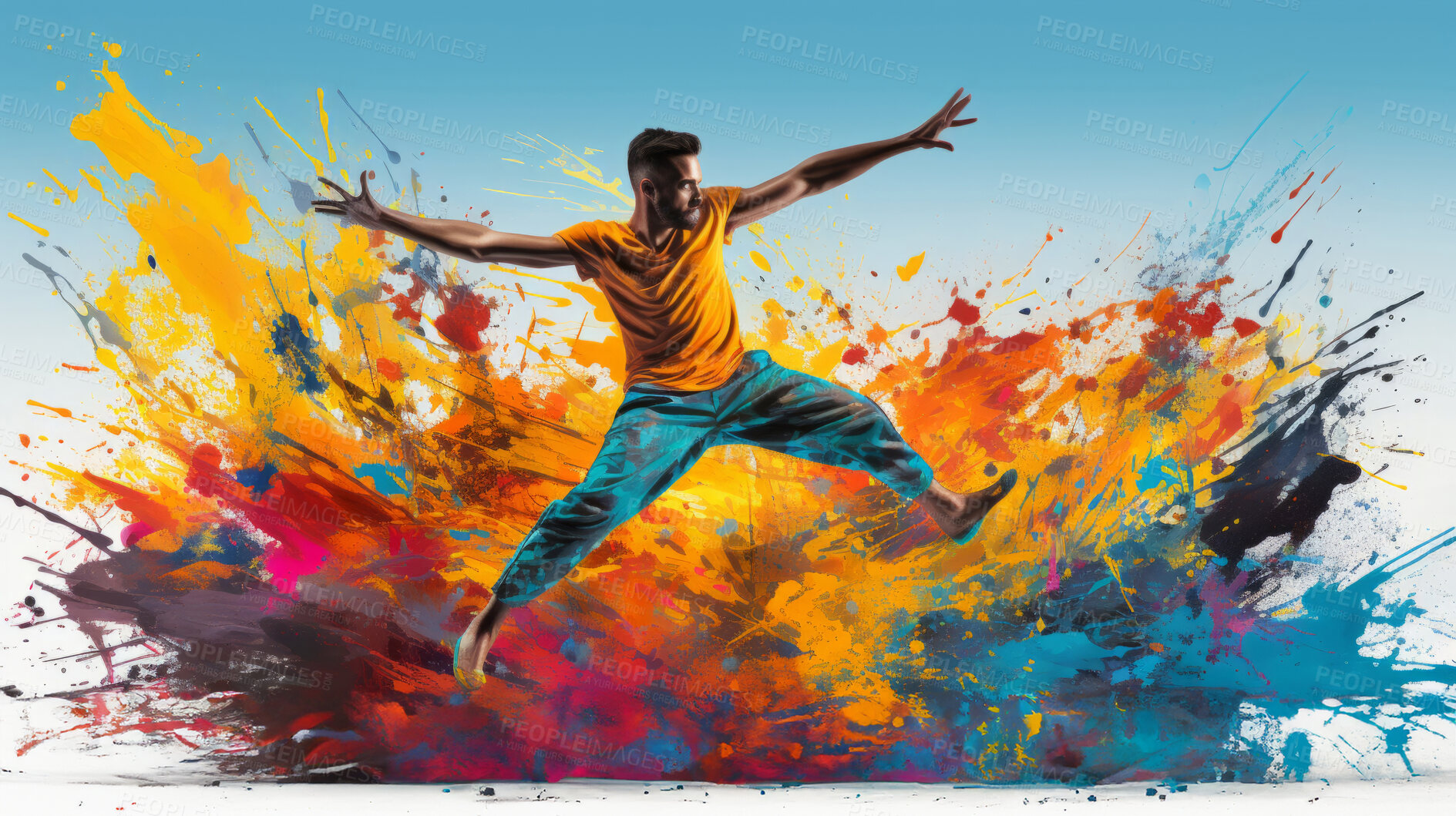 Buy stock photo Dancer, illustration and vivid colors. Energetic, expressive and lively portrayal of a dancer, radiating vibrance and vitality through a spectrum of vivid colors. A mesmerising visual celebration.