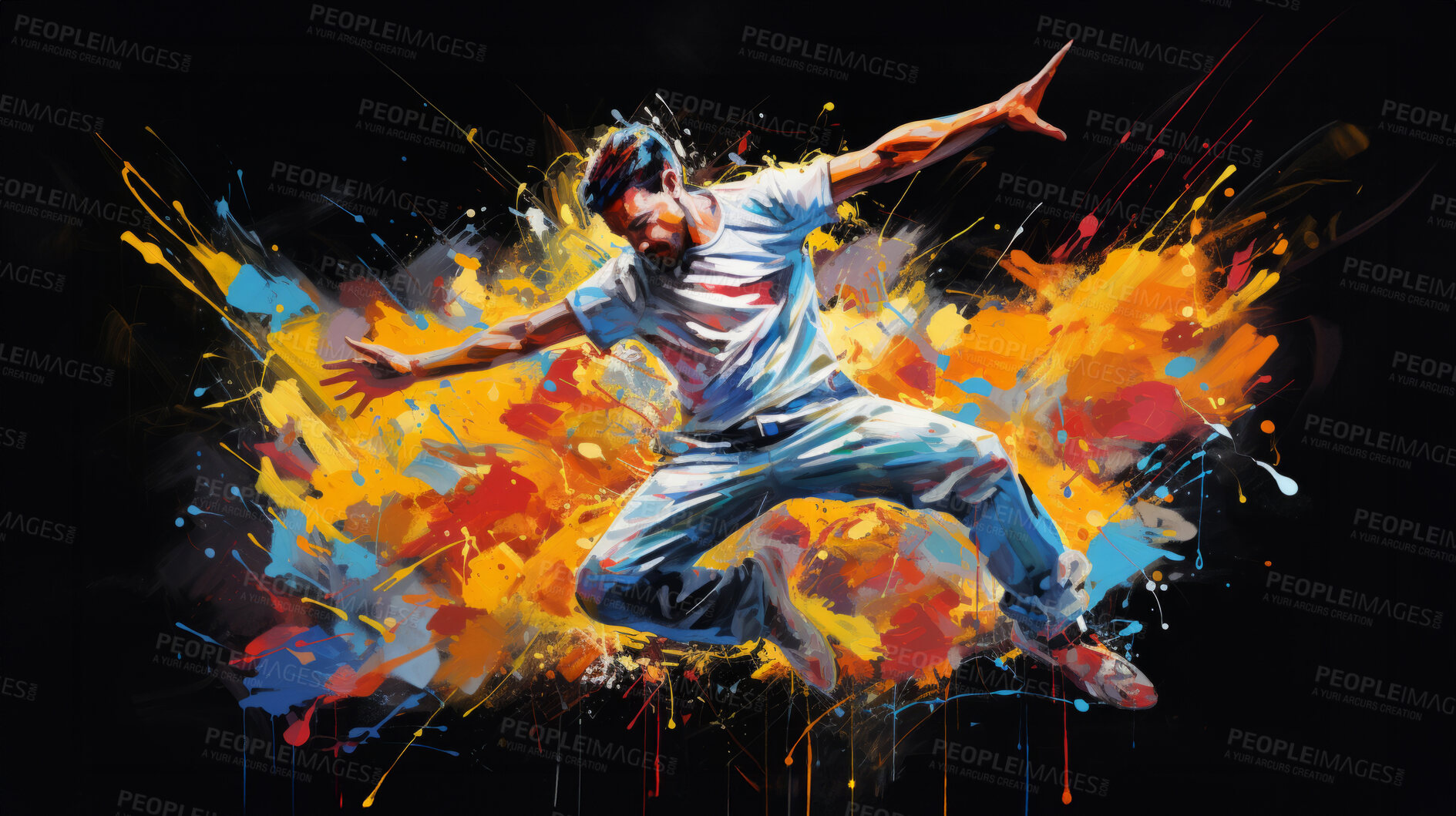 Buy stock photo Dancer, illustration and vivid colors. Energetic, expressive and lively portrayal of a dancer, radiating vibrance and vitality through a spectrum of vivid colors. A mesmerising visual celebration.