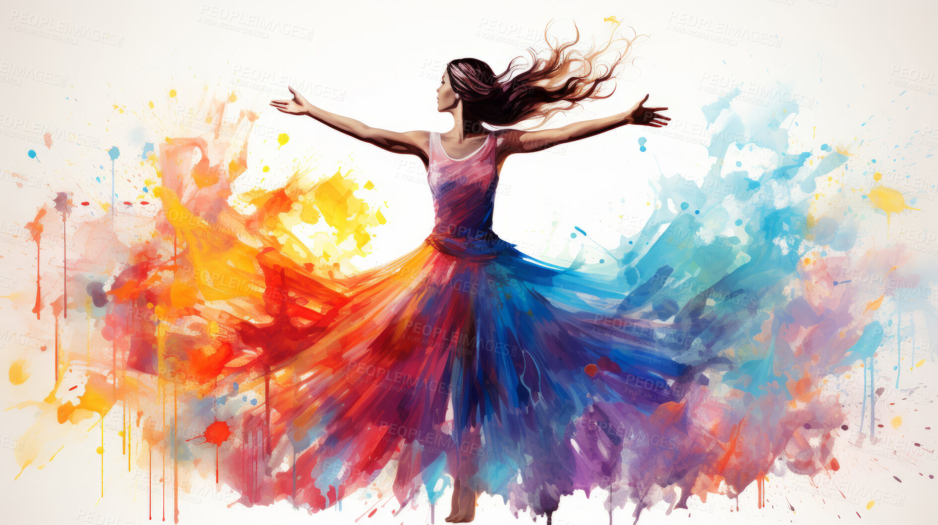 Buy stock photo Dancer, illustration and vivid colors. Energetic, expressive and lively portrayal of a dancer, radiating vibrance and vitality through a spectrum of vivid colors. A mesmerising visual celebration.