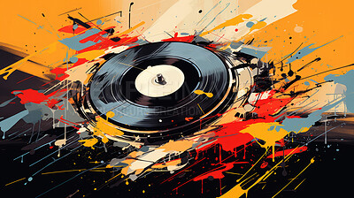 Vinyl record, abstract art and vibrant colors in musical expression. Creative, modern and visually striking representation of a classic medium, transformed into a unique artistic masterpiece. A fusion of nostalgia and contemporary creativity