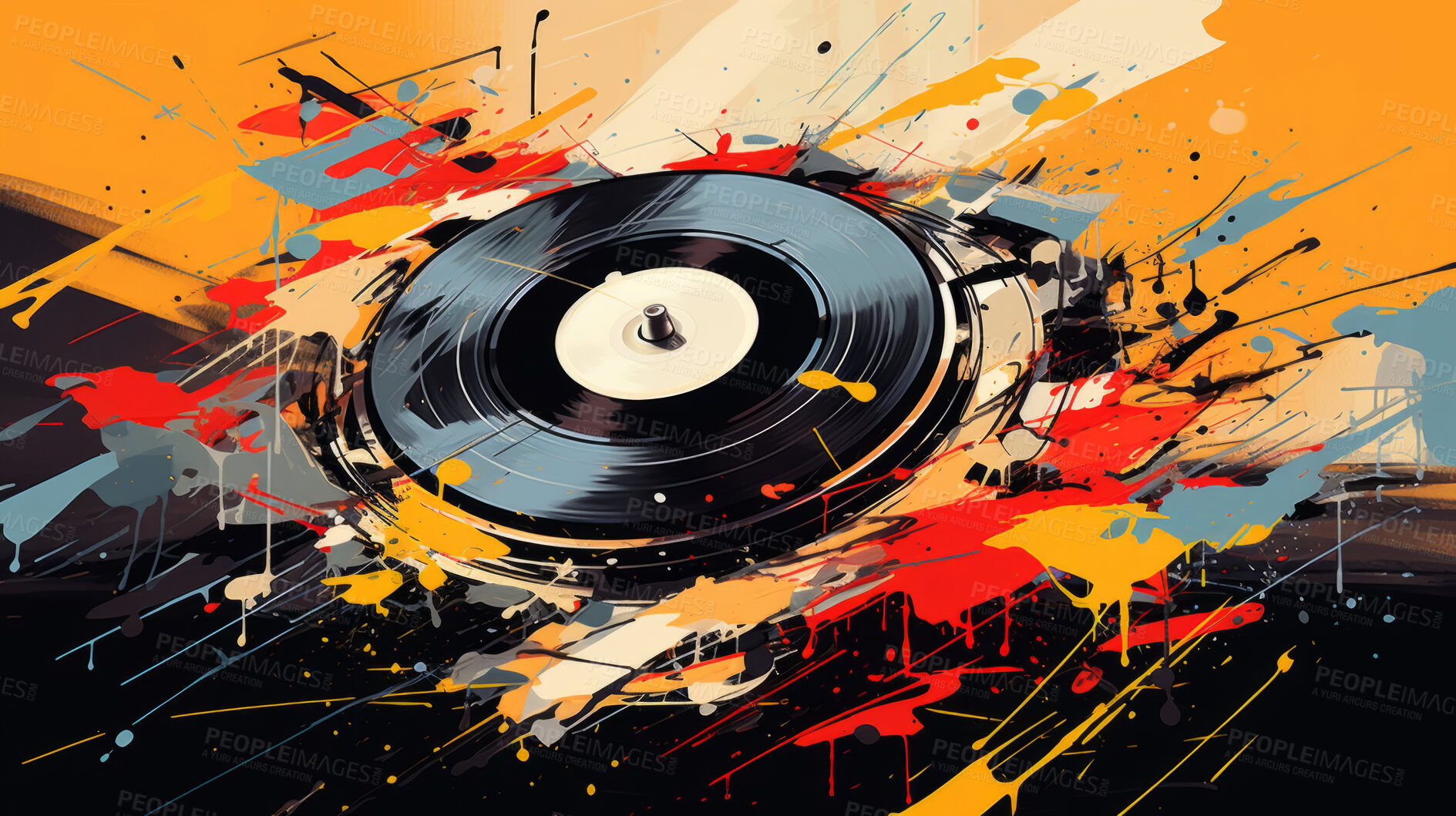 Buy stock photo Vinyl record, abstract art and vibrant colors in musical expression. Creative, modern and visually striking representation of a classic medium, transformed into a unique artistic masterpiece. A fusion of nostalgia and contemporary creativity