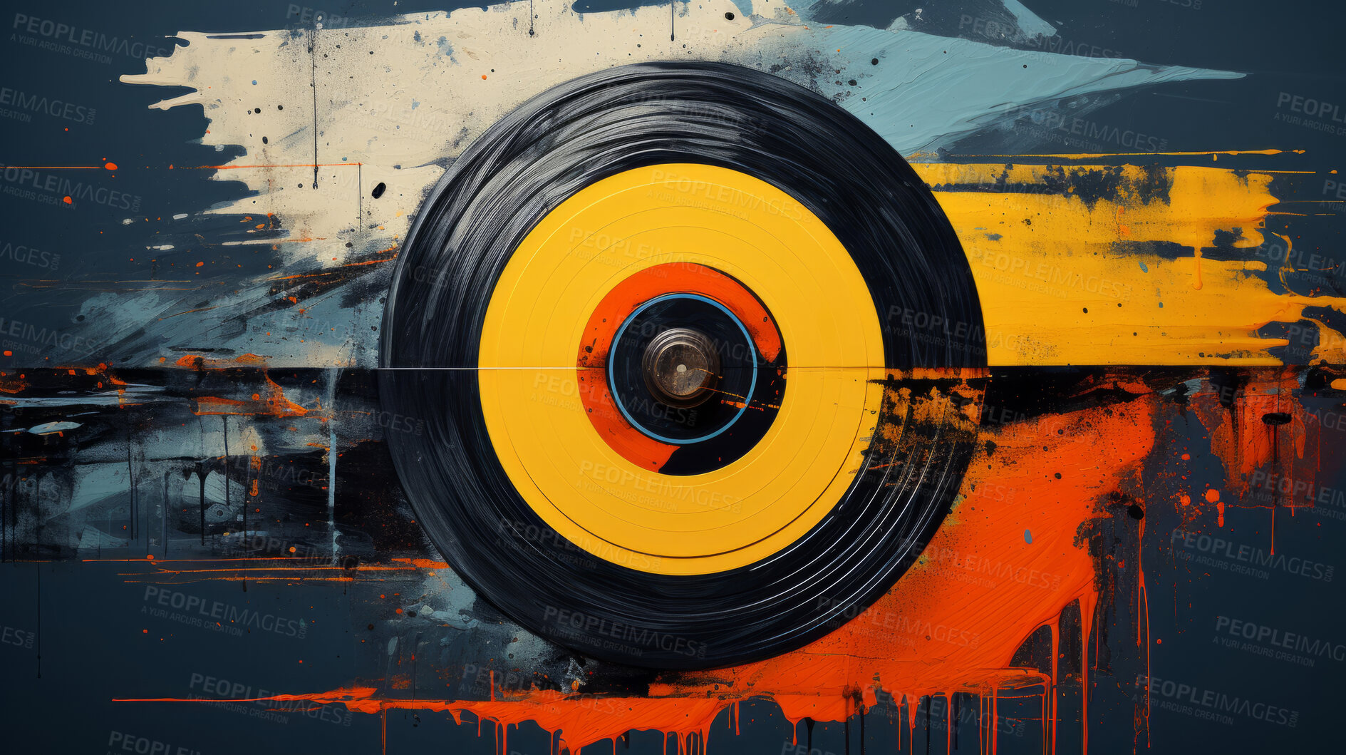 Buy stock photo Vinyl record, abstract art and vibrant colors in musical expression. Creative, modern and visually striking representation of a classic medium, transformed into a unique artistic masterpiece. A fusion of nostalgia and contemporary creativity