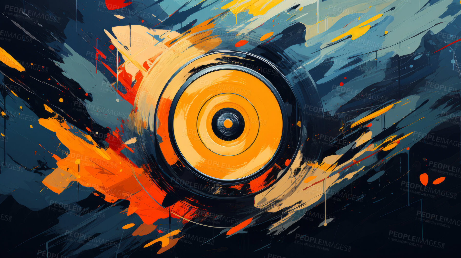Buy stock photo Vinyl record, abstract art and vibrant colors in musical expression. Creative, modern and visually striking representation of a classic medium, transformed into a unique artistic masterpiece. A fusion of nostalgia and contemporary creativity