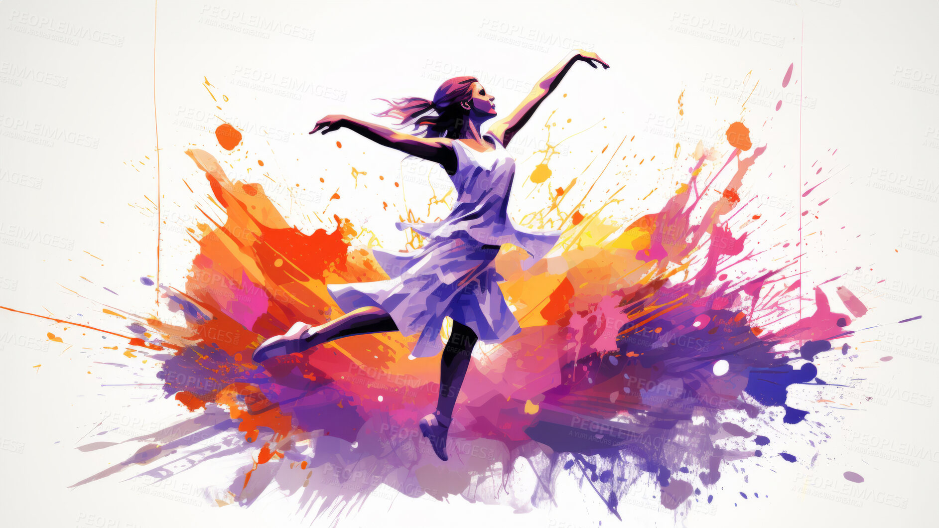 Buy stock photo Dancer, illustration and vivid colors. Energetic, expressive and lively portrayal of a dancer, radiating vibrance and vitality through a spectrum of vivid colors. A mesmerising visual celebration.