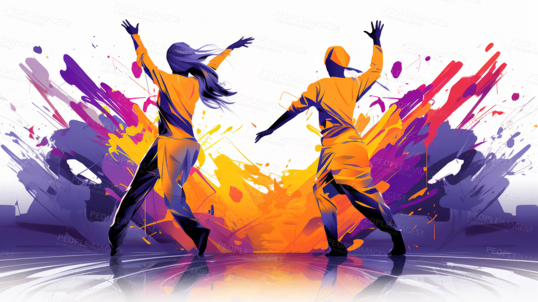 Buy stock photo Dancer, illustration and vivid colors. Energetic, expressive and lively portrayal of a dancer, radiating vibrance and vitality through a spectrum of vivid colors. A mesmerising visual celebration.