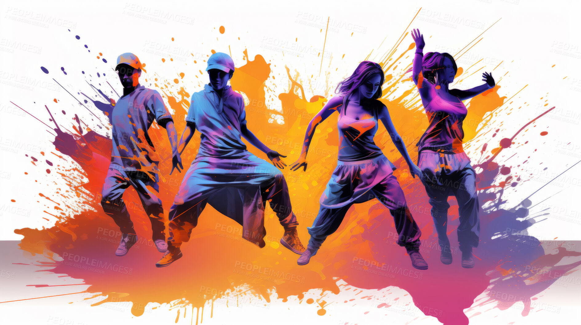 Buy stock photo Dancer, illustration and vivid colors. Energetic, expressive and lively portrayal of a dancer, radiating vibrance and vitality through a spectrum of vivid colors. A mesmerising visual celebration.