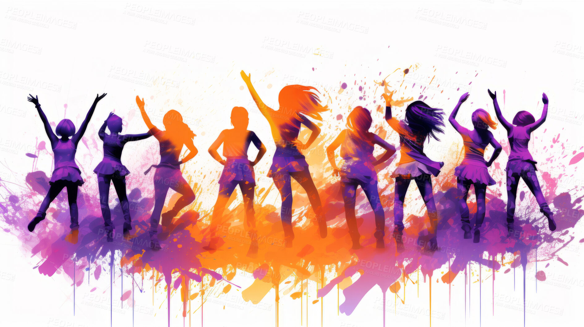 Buy stock photo Dancer, illustration and vivid colors. Energetic, expressive and lively portrayal of a dancer, radiating vibrance and vitality through a spectrum of vivid colors. A mesmerising visual celebration.