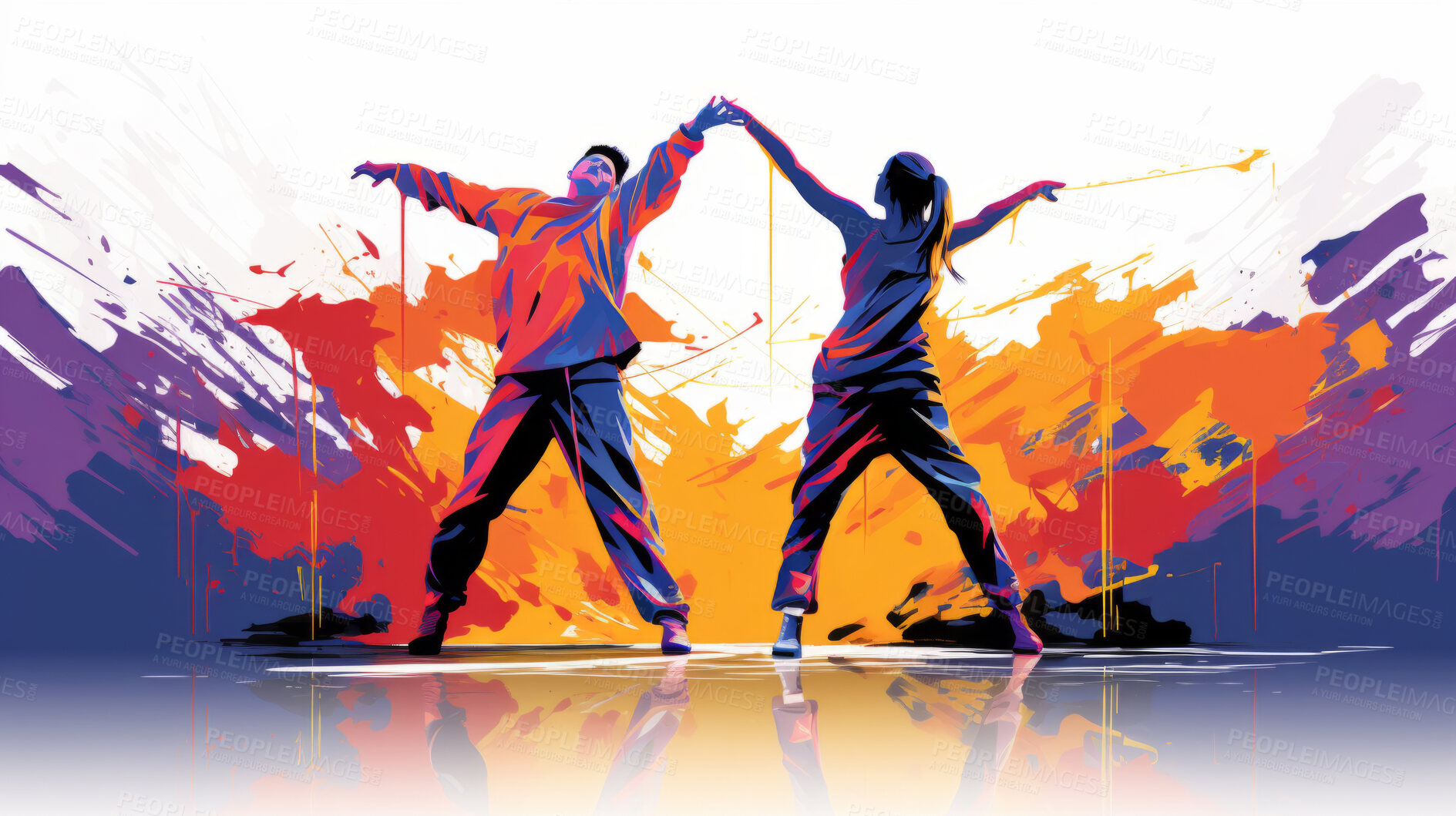 Buy stock photo Dancer, illustration and vivid colors. Energetic, expressive and lively portrayal of a dancer, radiating vibrance and vitality through a spectrum of vivid colors. A mesmerising visual celebration.